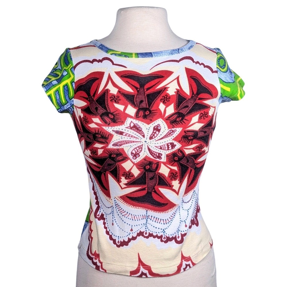 Vintage BCBG Womens Y2K Graphic Print Baby Tee Multi Color Cyber‎